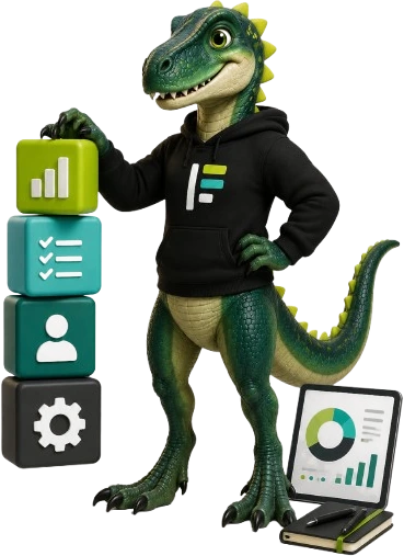 Mascote da Prumio, um velociraptor de hoodie com a pata apoiada numa pilha de blocos representando vendas, processos, clientes e operação