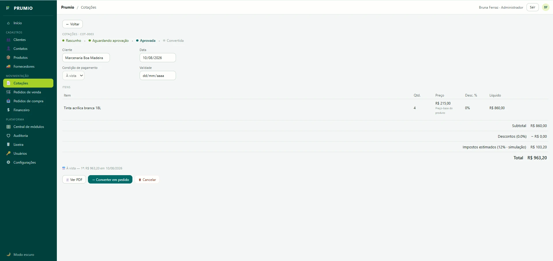 Tela de cotações do Prumio mostrando uma cotação em rascunho com cliente, itens e valor total